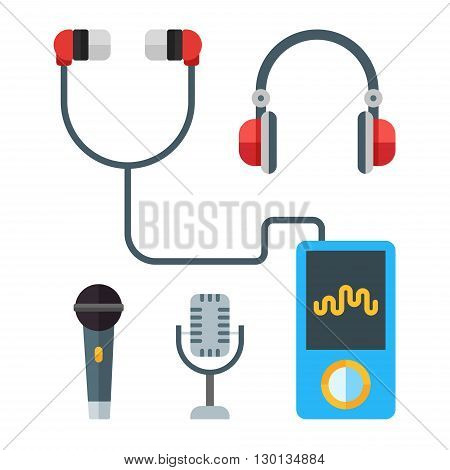 Portable music devices. Modern mp3 player with earphones. Microphones. Headset. Vector flat illustration
