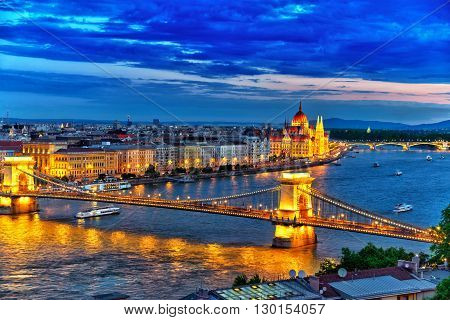 Szechenyi Chain Bridge And Parliament At Dusk. Budapest, Hungary.