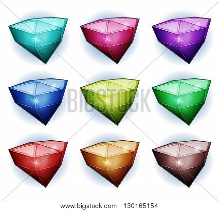 Illustration of a set of glossy colored gemstones diamonds minerals crystal jewels and assets icons for puzzle game ui