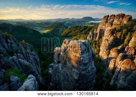 Foggy Sunrise At Bastei, Saxon Switzerland, Germany