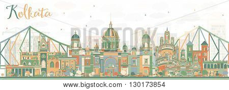 Abstract Kolkata Skyline with Color Landmarks. Business Travel and Tourism Concept with Historic Buildings. Image for Presentation Banner Placard and Web Site.