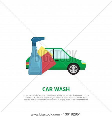Car wash web banner in flat style. Vector background with car, detergent product, napkins.