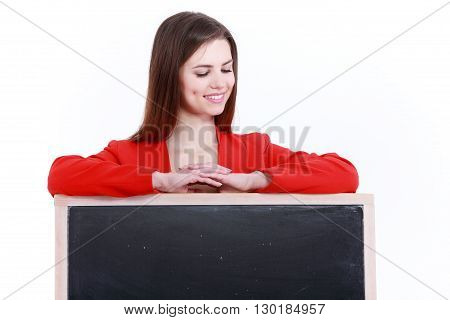 Smiling woman standing with billboard. isolated on white