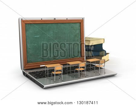 Webinar concept. Schooldesk and chalkboard on the laptop keyboard. 3d illustration