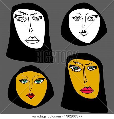 Two arabian women faces. Black and white and color variants.