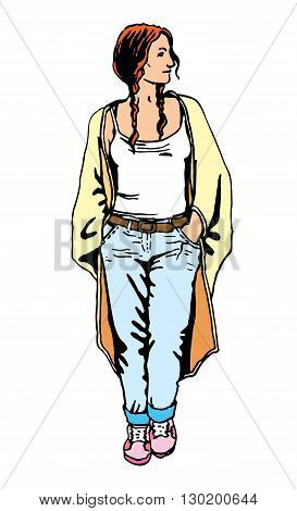 Beautiful young  woman in a casual clothes Vector hand drawn isolated illustration.