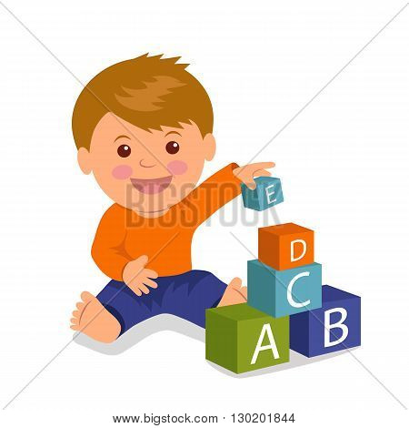 Cheerful toddler sitting collects a pyramid of colored cubes. Concept development and education of young children. Isolated vector illustration of a boy playing with colored cubes.
