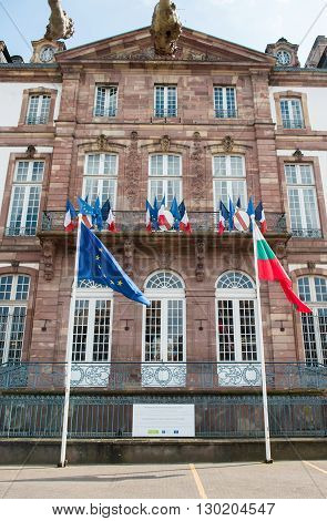 STRABOURG FRANCE - APR 19 2016: Hotel de Ville du Strasbourg or City Hall of Strasbourg with France flag European Union Flag and Bulgarian flag
