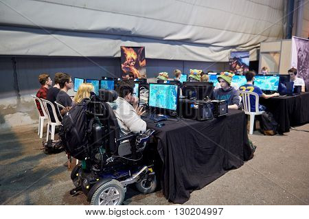 Strasbourg France - May 8 2015: Man In Wheelchair Competing In Computer Tournament At The Open Marke