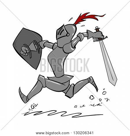 A cartoon knight running with sword in hand to fend off a dragon or an invading army.