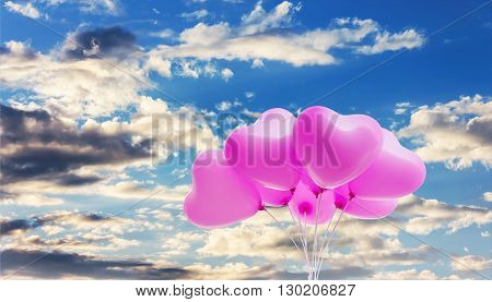 Group Of Lovely Pink Heart Pattern Balloons On Puffy Cloudy Blue Sky Background