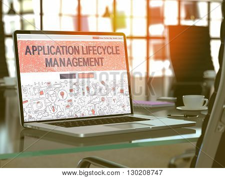 Application Lifecycle Management Concept Closeup on Landing Page of Laptop Screen in Modern Office Workplace. Toned Image with Selective Focus. 3D Render.