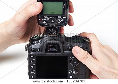 Photographer Set External Flash On Digital Slr Camera