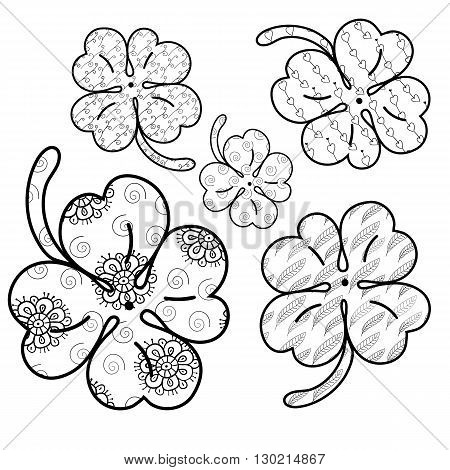 Clover leaves adult coloring book page. 5 seamless patterns are included in EPS. Whimsical line art Vector illustration.
