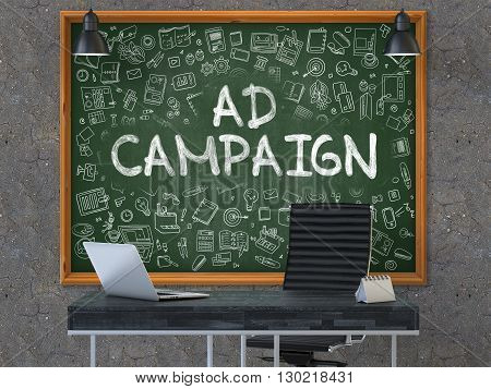 Green Chalkboard with the Text Ad Campaign Hangs on the Dark Old Concrete Wall in the Interior of a Modern Office. Illustration with Doodle Style Elements. 3D.