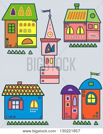 Set of the stylized houses. Nine fantastic lodges, fabulous pictures for children. Vector illustration. It can be used for websites, children's magazines and advertisment