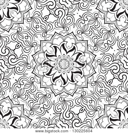 Black and white seamless abstract pattern mandala. Vector design template for art.
