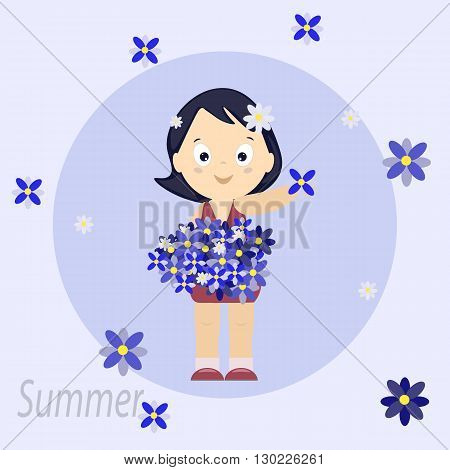 Girl with a bouquet of summer flowers vector illustration