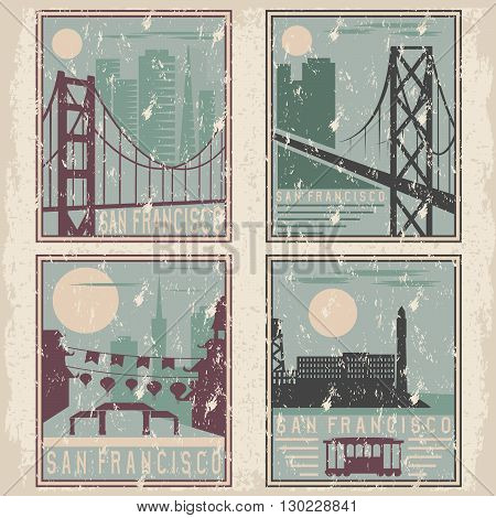Old Style Grunge Vintage Retro Posters With San Francisco Landmarks