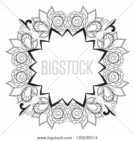 Black and white abstract pattern with space for text, a wreath of roses. Vector design template for art.