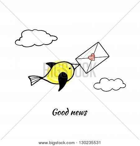 Cute yellow bird carries the letter in its beak. Vector stylized image.