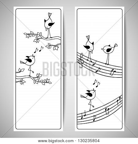 Vector set template with cute hand drawn birds. Black and white flyer design with a branch of the tree and stave.