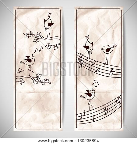 Vector set template with cute hand drawn birds on crumpled kraft paper background. Flyer design with a branch of the tree and stave.