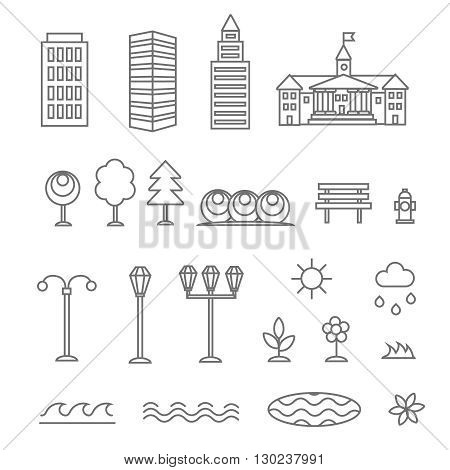 Linear landscape elements icons set. Line buildings trees, flowers, plant and bench. Design set graphic