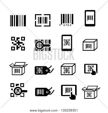 QR code and Bar code icons set. Scan coding, sticker identification. illustration
