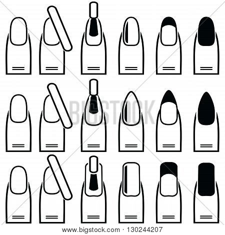 Female manicure  gel and hybrid  nails vary styles and shapes including almond , square , rounded nails and manicure in plain and colour nail style polish, French manicure style as icons set in black and white
