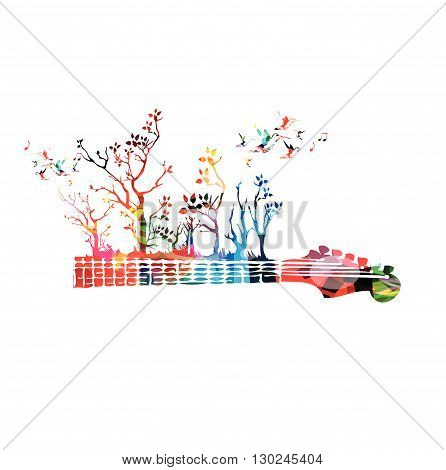 Colorful music background with guitar fretboard and hummingbirds