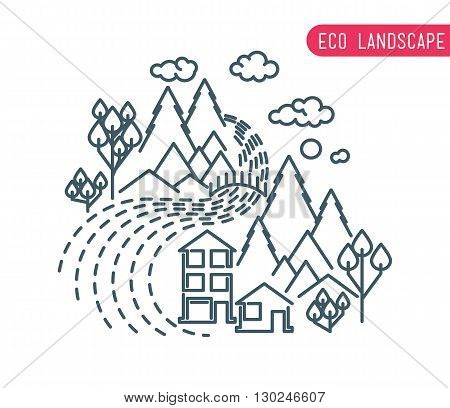Thin Line Landscape Flat Landscape Eco Landscape Design Of Abstract Idyllic Village On Hills, Rural