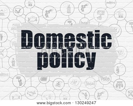 Political concept: Painted black text Domestic Policy on White Brick wall background with Scheme Of Hand Drawn Politics Icons