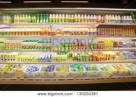 Chernihiv / Ukraine. 06 March 2016: yogurts milk and others dairy produce on the shelves of shop.  06 March 2016 in Chernihiv / Ukraine.