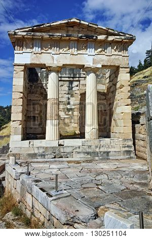 Building of Treasury of Athens in Ancient Greek archaeological site of Delphi,Central Greece