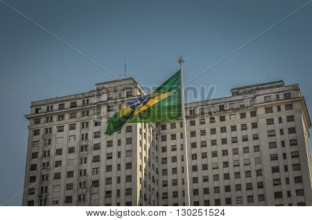 Sao Paulo Brazil August 08 2011: architectural details of Building with brasilian flag of downtown Sao Paulo