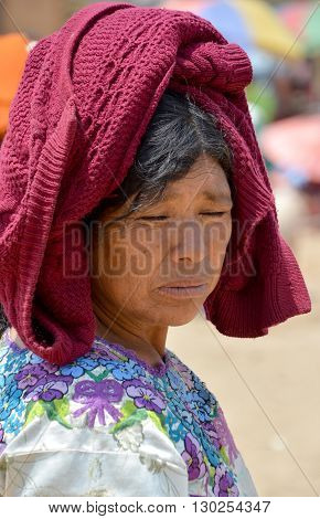 CHICHICASTENANGO GUSTEMALA APRIL 29 2016: Portrait of a Mayan woman. The Mayan people still make up a majority of the population in Guatemala,