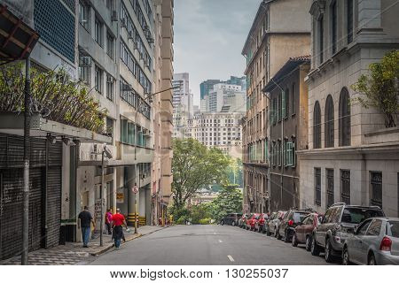 Sao Paulo - MAY 07 2016 - Street called Riachuelo Street in Downtown in the city of Sao Paulo and background buildings