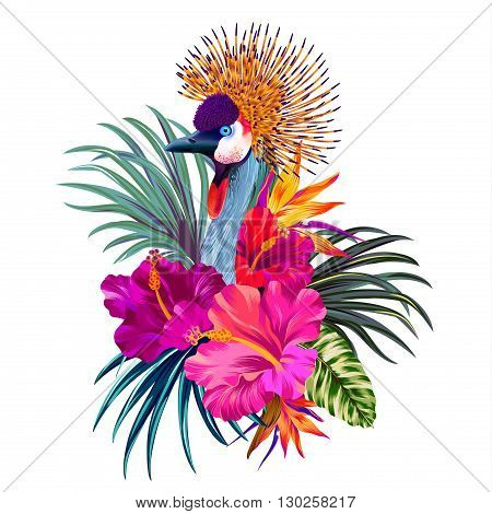 flowers and crowned crane -  graphics for fashion, cards, stickers.