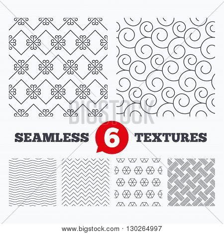Waves and geometry design. Braid weave, floral ornate and vintage ornament seamless textures. Linear geometric patterns. Modern textures. Material patterns.