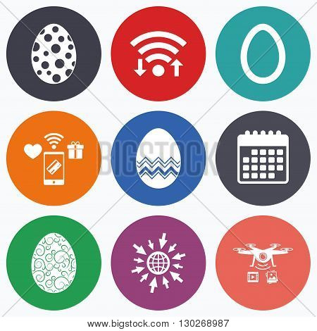 Wifi, mobile payments and drones icons. Easter eggs icons. Circles and floral patterns symbols. Tradition Pasch signs. Calendar symbol.