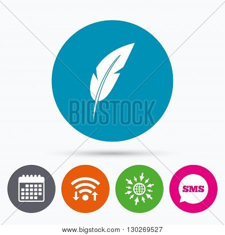 Wifi, Sms and calendar icons. Feather sign icon. Retro pen symbol. Light weight symbol. Go to web globe.