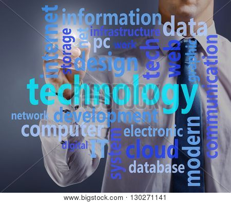 Businessman writing on virtual screen. Information technology concept