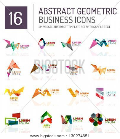 Abstract geometric business logo icon set. Colorful geometrical figure compositions with light effects - triangles circles rings arrows lines