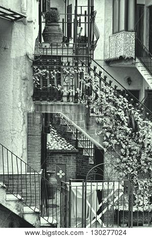 Narrow Street as Stairs in Italian City of Cetara Retro Image Filtered Style