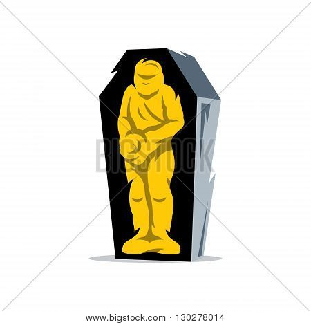 Mummified man in a coffin in a standing position isolated on a White Background
