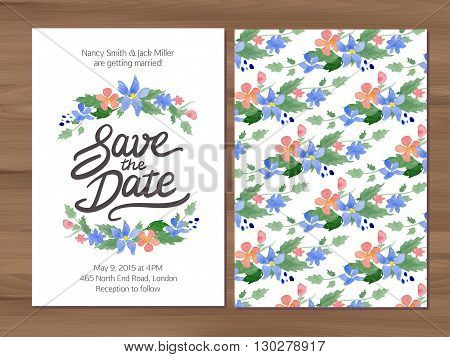 Save the date wedding invitation with watercolor flowers and hand drawn lettering. Card template on a wooden background. Illustrator swatch for seamless background included. Free font used - Afta sans.