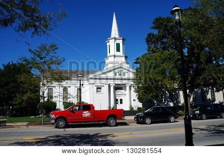 PLAINFIELD, ILLINOIS / UNITED STATES - SEPTEMBER 20, 2015: The Plymouth Congregation Church offers worship services in downtown Plainfield.