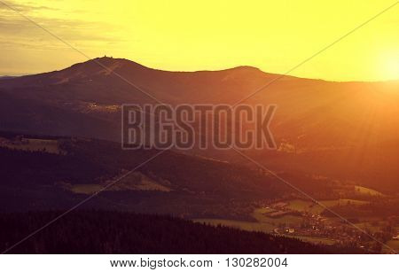 Sunset over the Bavarian Forest National Park. View of the highest peak Grosse Arber 1456 m - Germany Europe