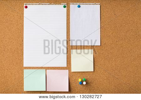 business, information, memo, management and education concept - close up of blank stickers and note paper on office cork board